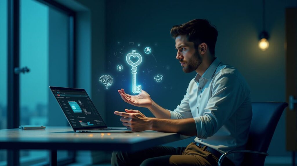 Microcredenciales: La Nueva Llave Para Destacar Profesionalmente. Aprende, Crece, Impacta. Hombre Sosteniendo Una Llave Virtual Que Representa Las Microcredenciales De Future Learn.