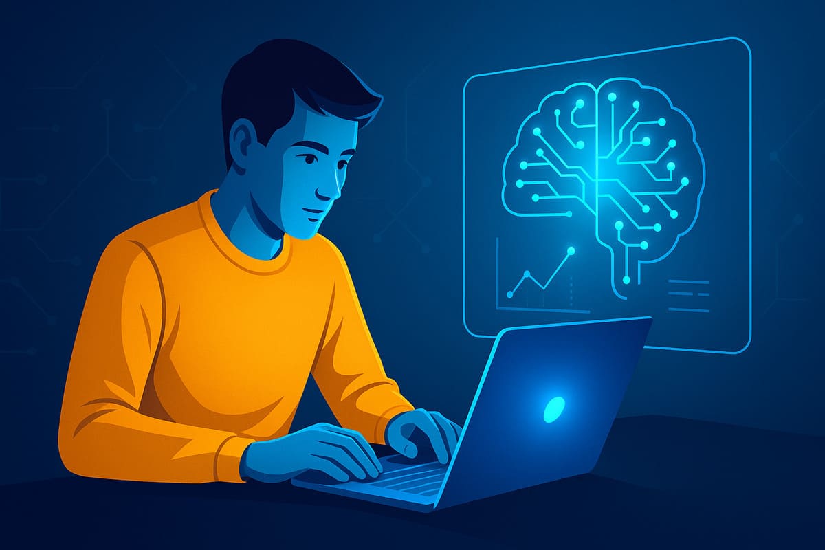 Joven profesional trabajando en laptop con gráficos de inteligencia artificial, representando el curso de Microsoft AI Product Manager en Coursera.
