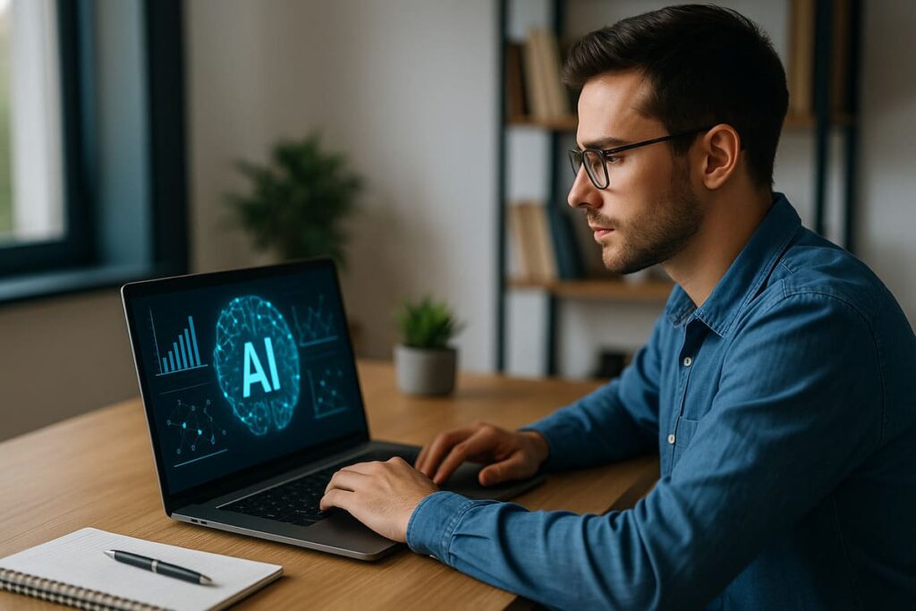 Impulsa Tu Carrera Con El Certificado Profesional De Microsoft Ai Product Manager En Coursera Joven Profesional Usando Laptop Con Interfaz De Inteligencia Artificial, Estudiando El Curso De Microsoft Product Manager En Coursera.