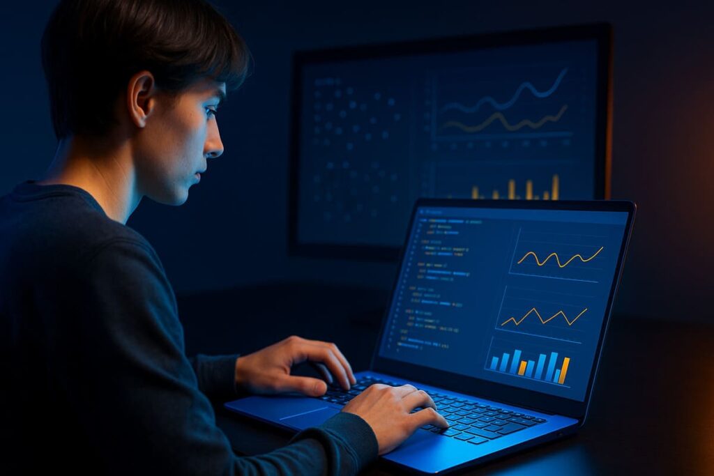 Plan De Carrera En Inteligencia Artificial Fotografía De Una Persona Programando En Python Con Gráficos De Datos En La Pantalla