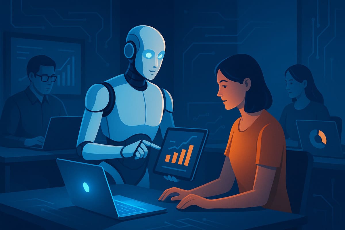 Ilustración de un robot colaborando en una oficina con humanos