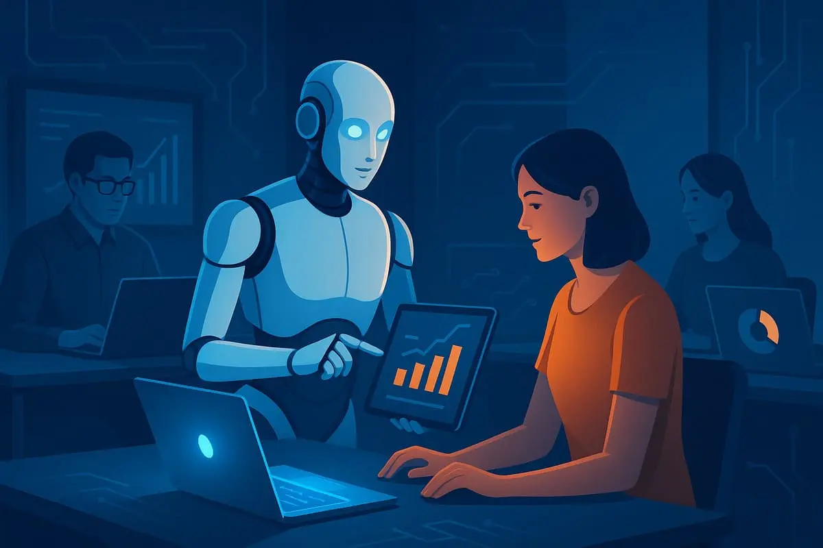 Ilustración de un robot colaborando en una oficina con humanos