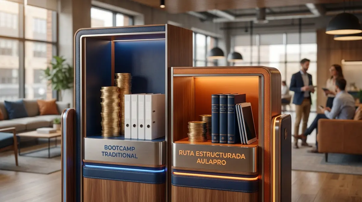 Gráfico comparativo entre el alto costo de un bootcamp de programación y la eficiencia de una ruta de aprendizaje estructurada.
