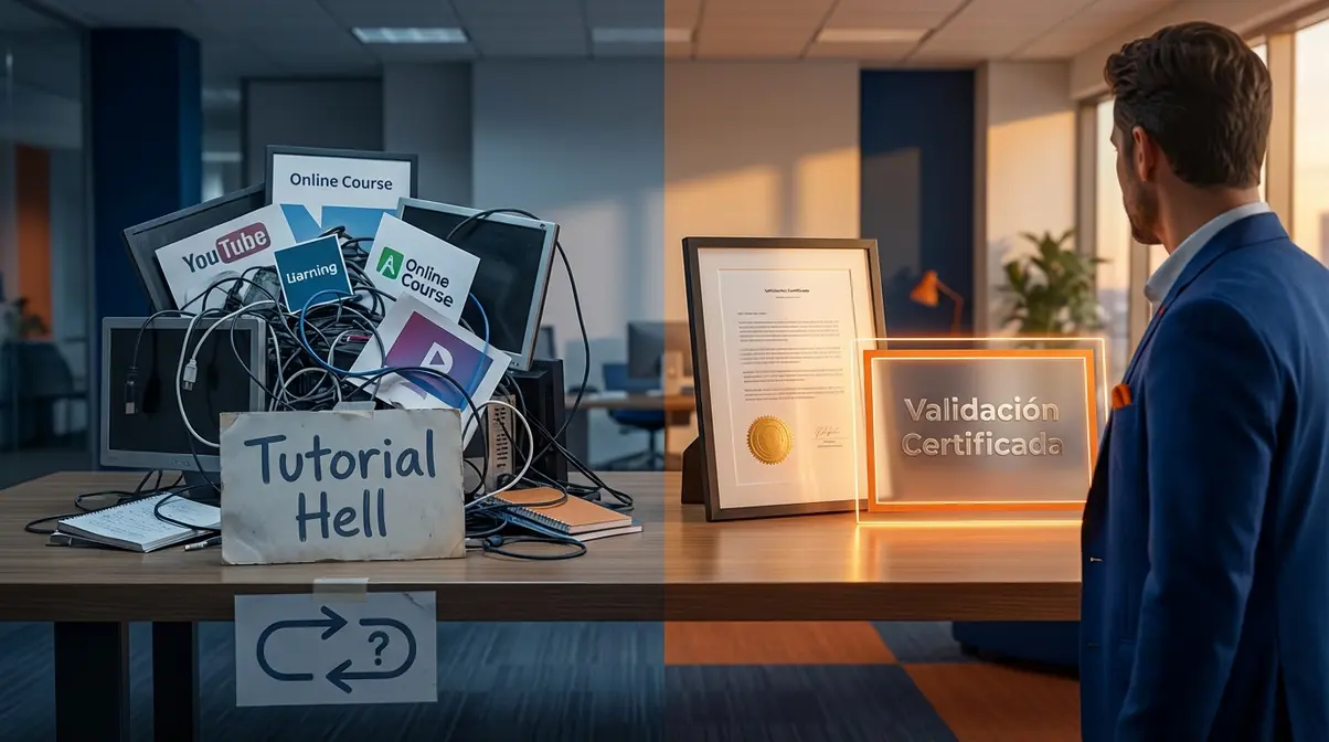 Infografía comparativa mostrando a la izquierda el ciclo interminable y confuso de tutoriales y a la derecha un documento brillante de validación certificada frente a un reclutador