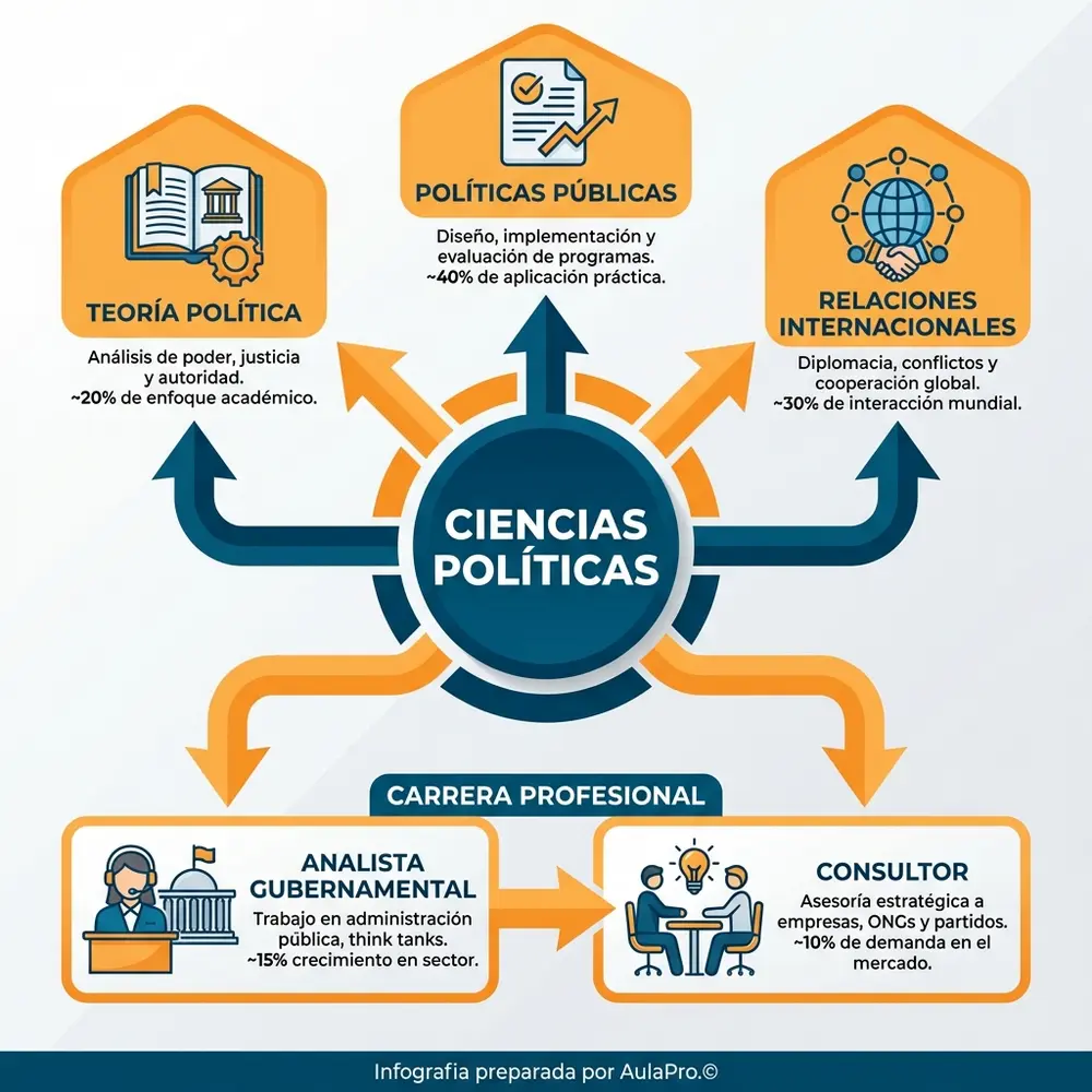 Infografía detallada mostrando las áreas clave y oportunidades de carrera al estudiar Ciencias Políticas en Colombia, con estadísticas relevantes y rutas profesionales ilustradas para futuros politólogos.