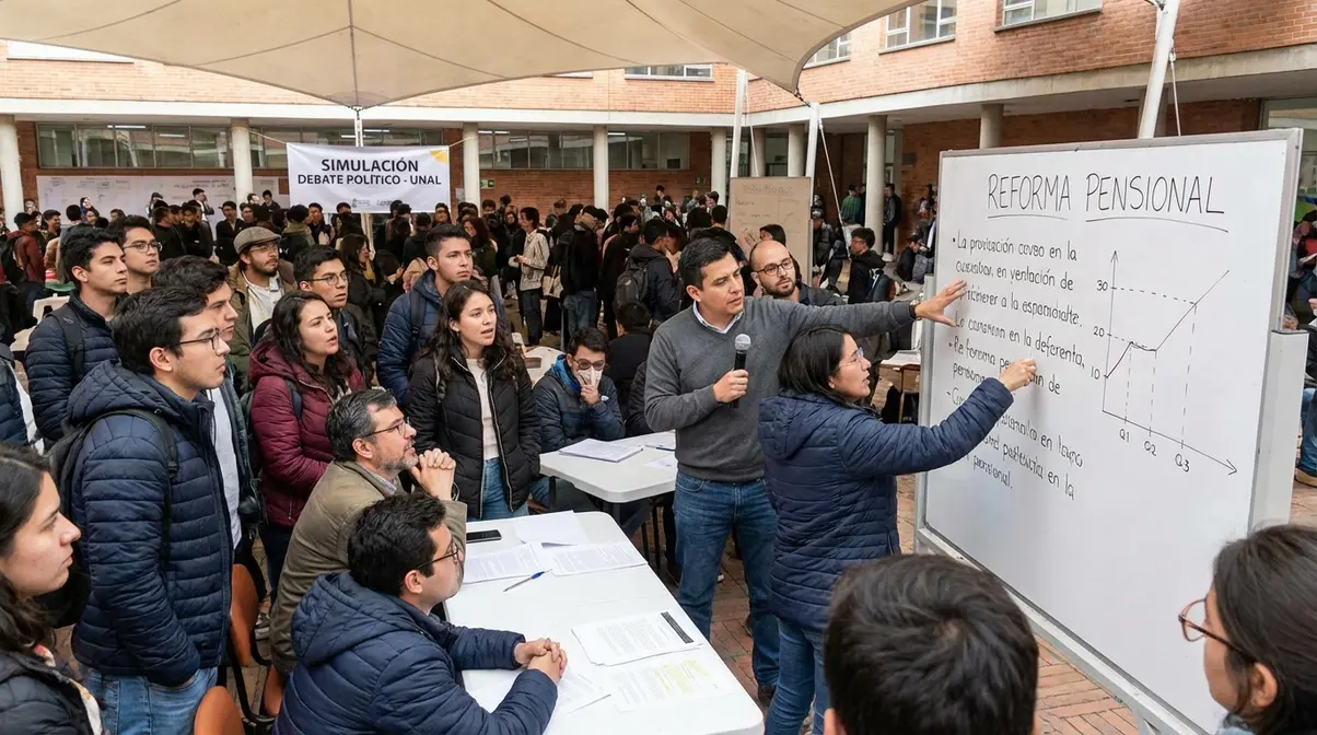 Fotografía realista de estudiantes y profesores colombianos involucrados en una simulación de debate político en el campus, con pizarras llenas de gráficos y expresiones apasionadas discutiendo temas de actualidad.