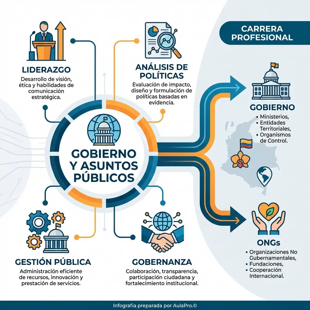 Infografía sobre Gobierno y Asuntos Públicos en colombia, destacando áreas clave como liderazgo, análisis de políticas y gestión pública. Incluye íconos de Colombia y flechas de carrera hacia roles en gobierno y ONGs, con un diseño moderno y atractivo.