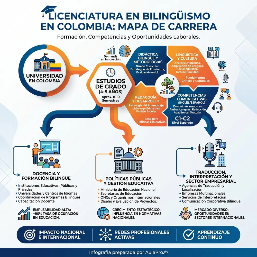 Infografía detallada que ilustra el camino profesional de la Licenciatura en Bilingüismo en Colombia, resaltando áreas clave como didáctica bilingüe, lingüística y oportunidades laborales en el sector educativo y global.