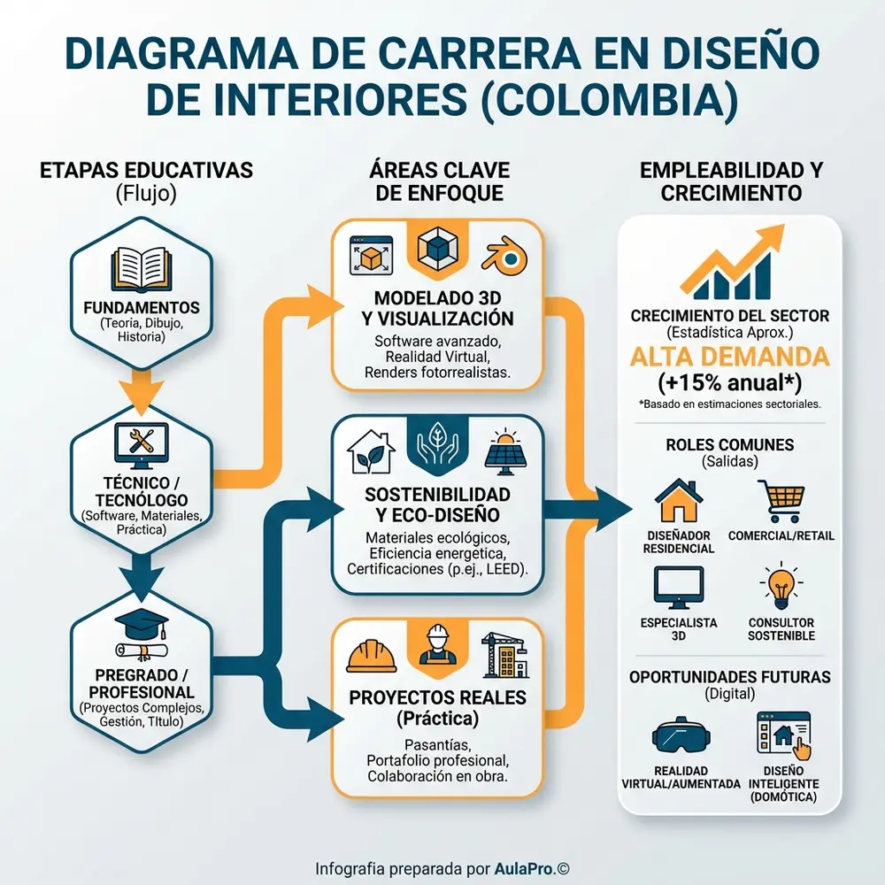 Infografía detallada y colorida sobre cómo estudiar Diseño de Interiores en Colombia, mostrando las áreas clave como el modelado 3D, sostenibilidad, participación en proyectos reales y oportunidades de alta empleabilidad.