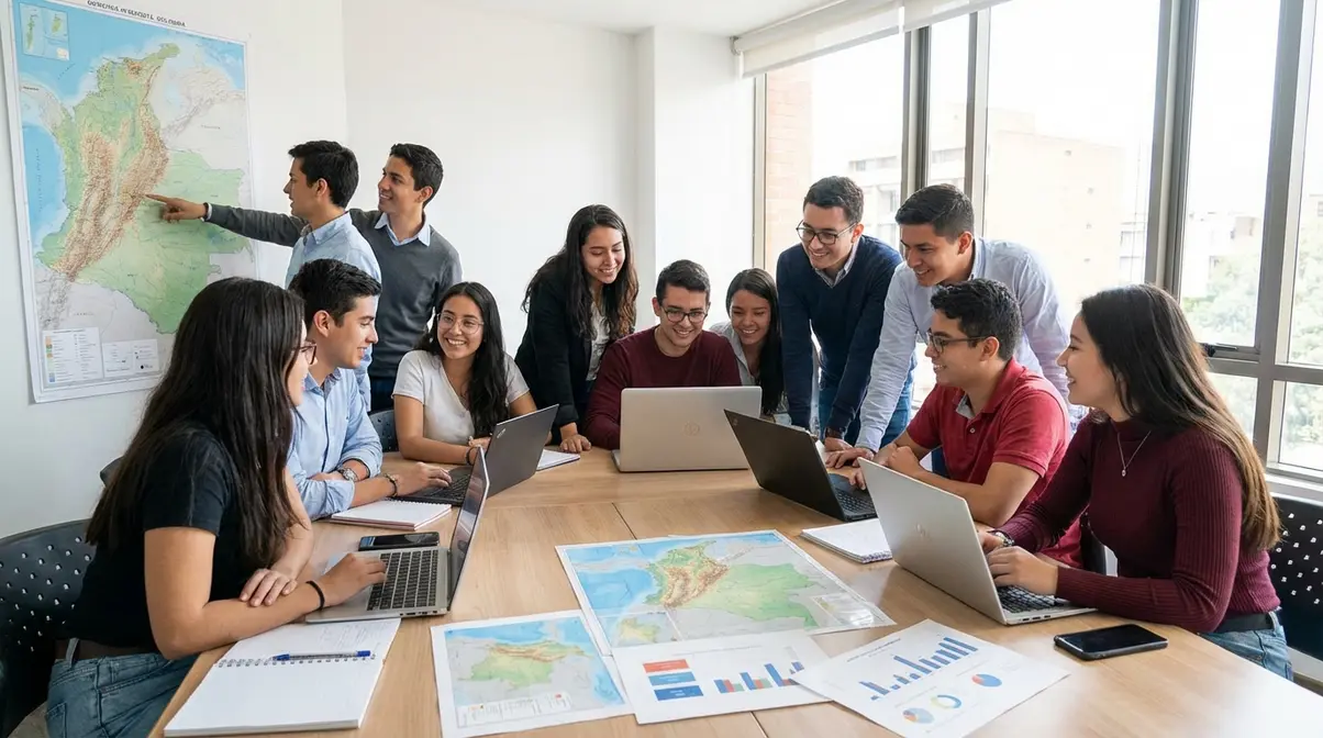 Fotografía de estudiantes y profesionales jóvenes trabajando en Gobierno y Asuntos Públicos en Colombia, analizando mapas y datos. En una sala luminosa, muestran concentración y entusiasmo, preparando futuras estrategias públicas.