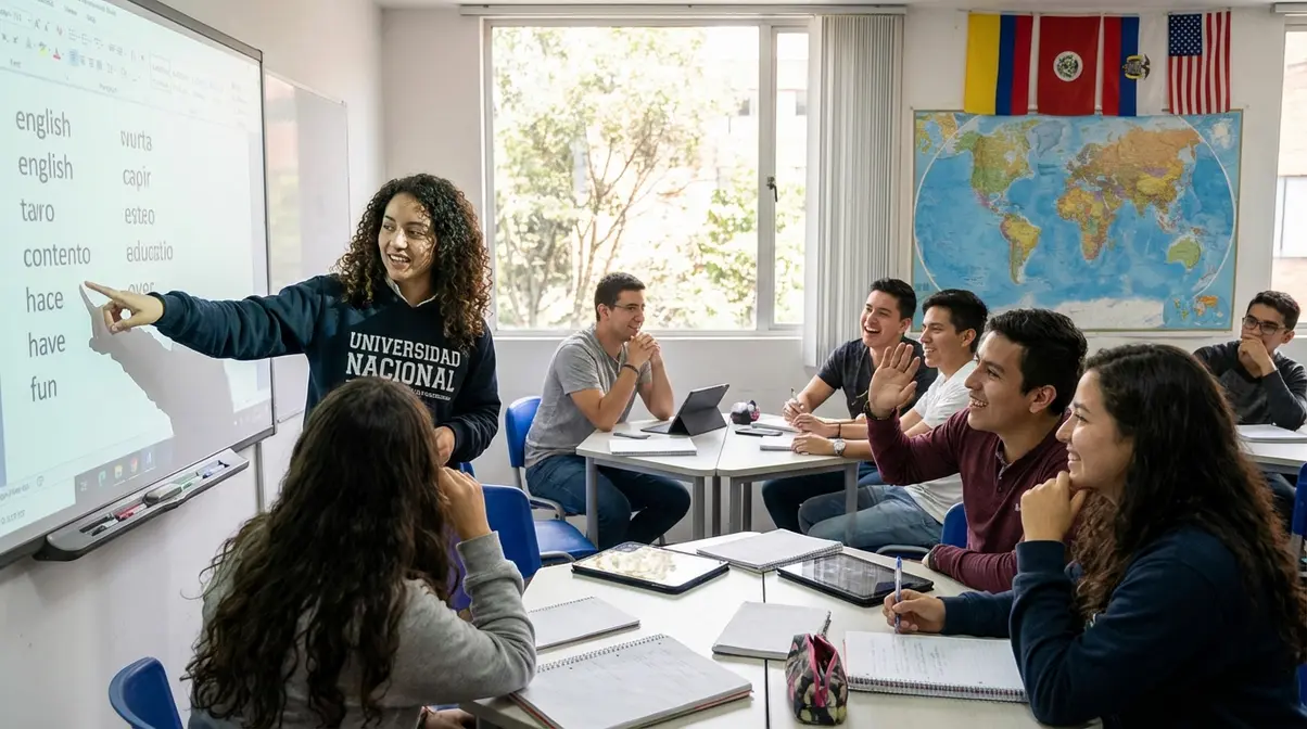 Fotografía realista de estudiantes universitarios colombianos de Licenciatura en Bilingüismo practicando activamente conversación en un aula moderna y luminosa, con un compañero enseñando inglés en una pizarra interactiva, mostrando gran colaboración y entusiasmo por el aprendizaje de idiomas.