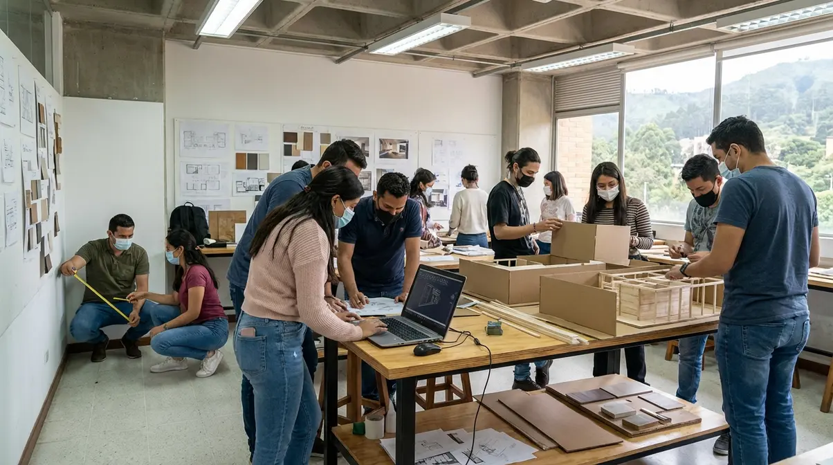 Estudiantes y profesionales colombianos colaboran activamente en un aula de diseño de interiores, midiendo espacios, utilizando software especializado en laptops y construyendo maquetas físicas, mostrando un ambiente de aprendizaje dinámico y creativo.