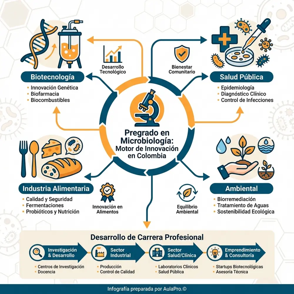 Infografía colorida y detallada sobre el pregrado de Microbiología en Colombia, mostrando las áreas clave de biotecnología, salud pública, industria alimentaria y ambiental, con iconos educativos y gráficos de carrera.
