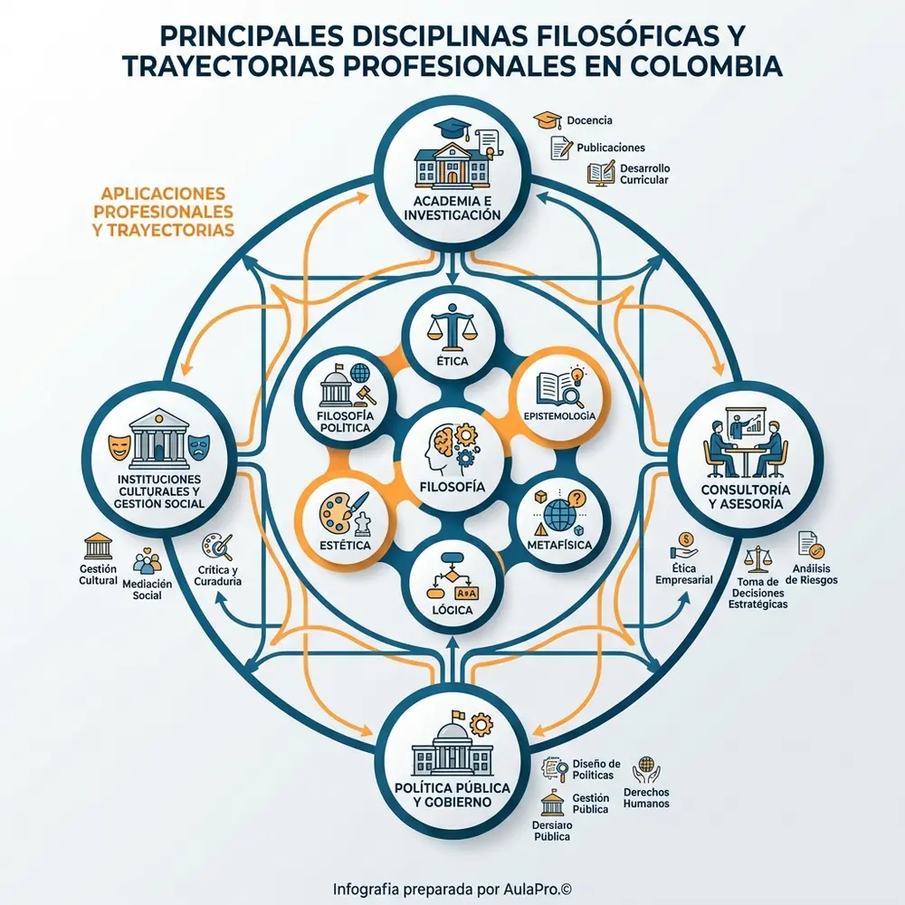 Infografía educativa detallada sobre las principales disciplinas filosóficas y las diversas trayectorias profesionales al estudiar Filosofía en Colombia, incluyendo ética, epistemología, metafísica, lógica y sus aplicaciones en academia, políticas públicas y consultoría.
