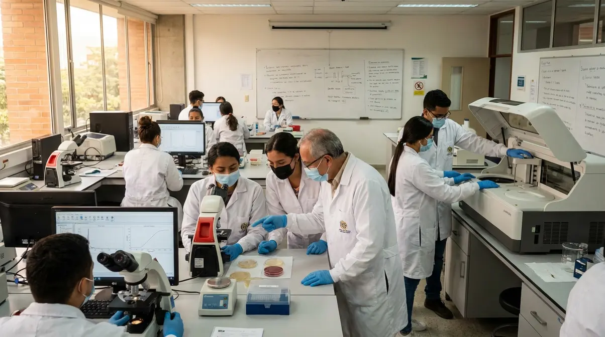 Fotografía de estudiantes y profesores en un laboratorio de Microbiología en una universidad de Colombia, analizando muestras microbianas con equipo de alta tecnología, en un ambiente colaborativo y profesional.