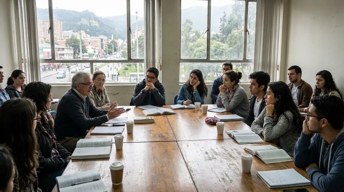 Fotografía candid de estudiantes y profesores de Filosofía en una universidad de Bogotá, Colombia, inmersos en una discusión de seminario. Se observan expresiones pensativas, materiales académicos y un ambiente colaborativo y vibrante de estudio filosófico.