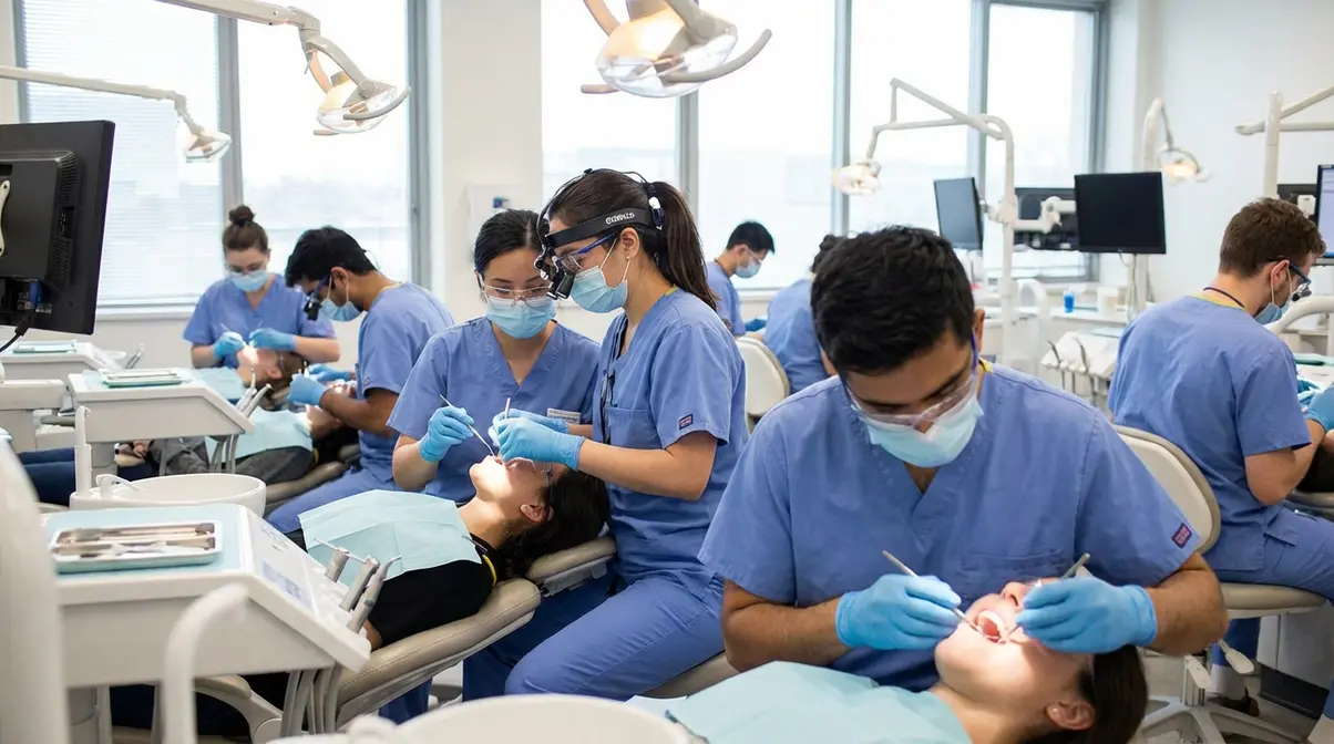 Estudiantes de Odontología en Colombia practicando técnicas clínicas en maniquíes y pacientes en una clínica universitaria. Muestra aprendizaje práctico, equipo de protección y desarrollo profesional en la carrera de odontología.