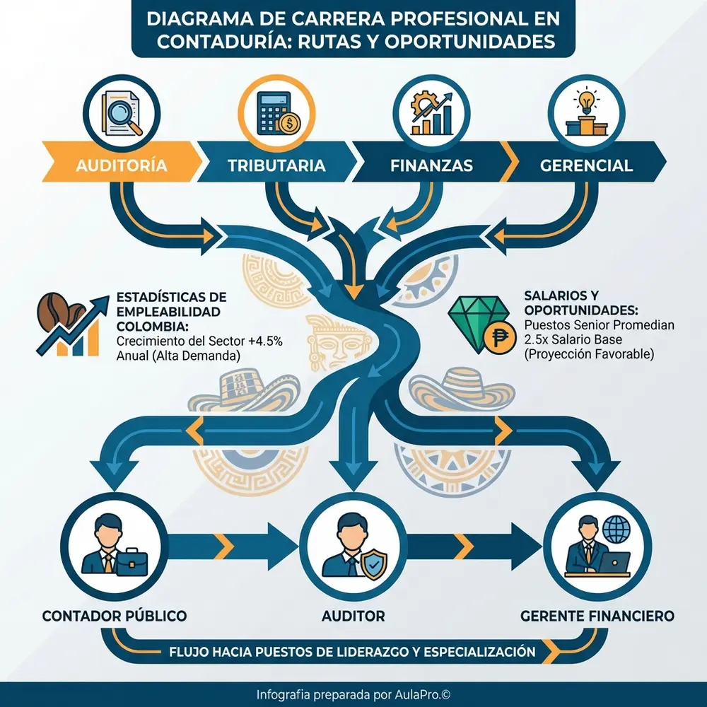 Dónde estudiar Contaduría en colombia (2026): mejores universidades, precios y duración Infografía detallada de la carrera en Contaduría en Colombia, ilustrando el flujo desde áreas clave como auditoría, tributaria, y finanzas, hasta roles de alto impacto como contador público, con estadísticas de empleabilidad.