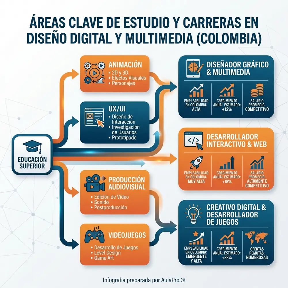 Dónde estudiar Diseño Digital y/o Multimedia en colombia (2026): mejores universidades, precios y duración Infografía completa sobre el Diseño Digital y/o Multimedia en colombia, detallando áreas clave de estudio como animación, UX/UI y videojuegos, con iconos vectoriales y estadísticas de alta empleabilidad. Es una guía visual para quienes buscan una carrera creativa y tecnológica en el sector digital.