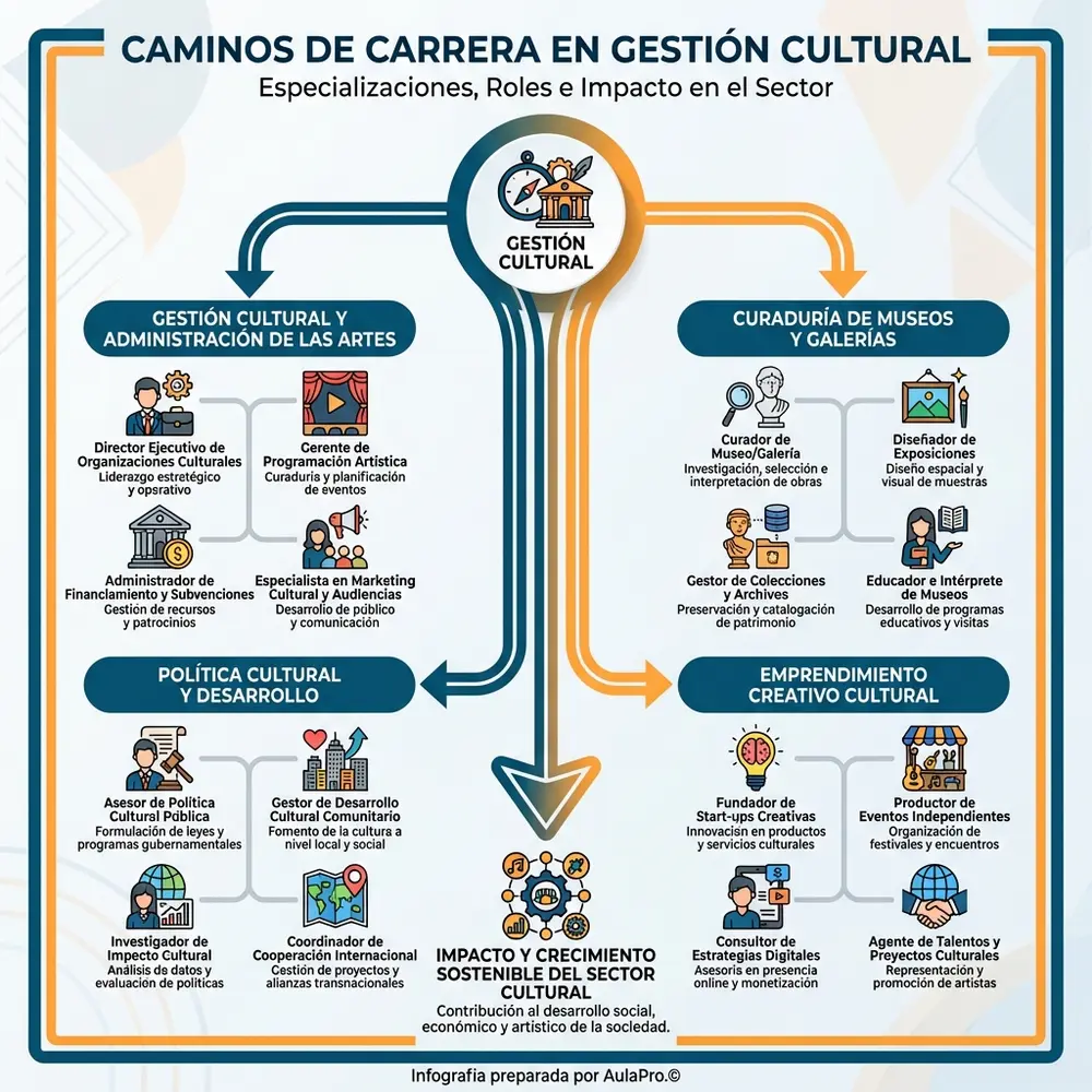 Infografía detallada y colorida que ilustra los diversos caminos profesionales de la Gestión Cultural en Colombia, incluyendo roles en administración de artes, curaduría de museos, emprendimiento cultural y desarrollo de políticas culturales, con íconos representativos de cada especialización.