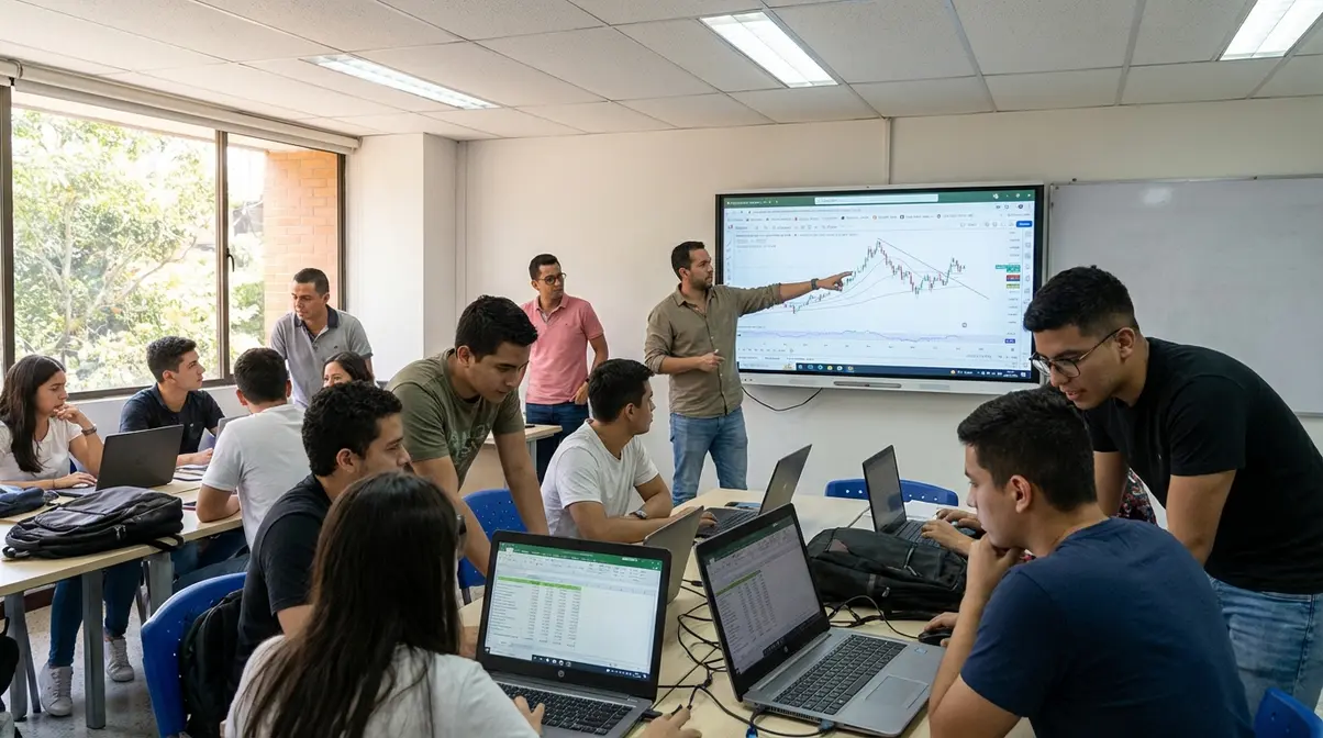 Dónde estudiar Contaduría en colombia (2026): mejores universidades, precios y duración Estudiantes y profesionales colombianos en una dinámica clase de Contaduría: uno presenta análisis en pizarra digital, otros revisan balances en laptops. Un ambiente universitario colaborativo que fomenta el aprendizaje práctico y las habilidades analíticas.