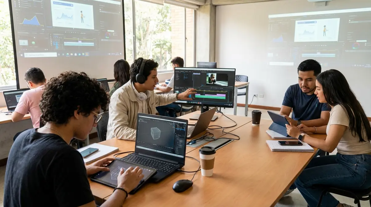 Dónde estudiar Diseño Digital y/o Multimedia en colombia (2026): mejores universidades, precios y duración Un grupo diverso de estudiantes universitarios colombianos colabora activamente en un proyecto de Diseño Digital y/o Multimedia, uno se enfoca en modelado 3D, otro en edición de video con software profesional, mostrando entusiasmo y concentración en un aula luminosa. Este escenario resalta la educación en Diseño Digital y/o Multimedia en colombia.