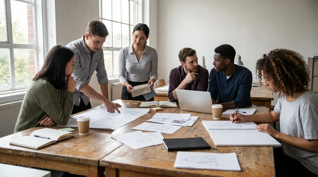 Una fotografía candid de estudiantes universitarios y jóvenes profesionales colaborando intensamente en un proyecto cultural, discutiendo ideas alrededor de una mesa, examinando obras de arte y planificando un evento, capturando la naturaleza práctica y colaborativa de los estudios en gestión cultural.