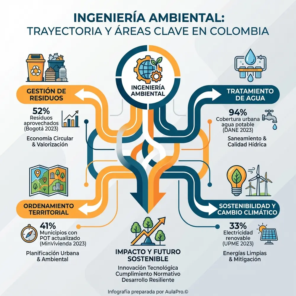 Dónde estudiar Ingeniería Ambiental en colombia (2026): mejores universidades, precios y duración Infografía colorida y detallada que explica la carrera de Ingeniería Ambiental en Colombia, cubriendo áreas clave como gestión de residuos, tratamiento de agua y ordenamiento territorial, con iconos y estadísticas relevantes.