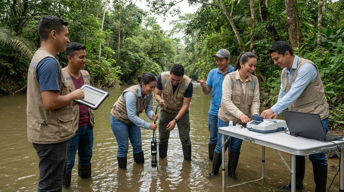 Dónde estudiar Ingeniería Ambiental en colombia (2026): mejores universidades, precios y duración Un grupo diverso de estudiantes e ingenieros ambientales en Colombia, monitoreando la calidad del agua en un río tropical con equipos de alta tecnología, rodeados de exuberante selva, mostrando trabajo en equipo y dedicación.