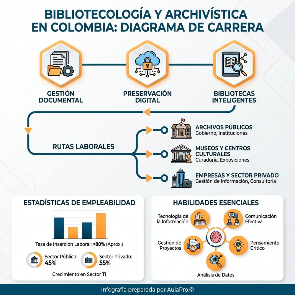 Dónde estudiar Bibliotecología o Archivística en colombia (2026): mejores universidades, precios y duración Infografía detallada y colorida sobre Bibliotecología o Archivística en Colombia, mostrando un diagrama de carrera con iconos representativos de gestión documental, preservación digital, bibliotecas inteligentes y diversas rutas laborales en archivos públicos, museos y empresas, destacando habilidades esenciales y estadísticas de empleabilidad con un estilo vectorial moderno.