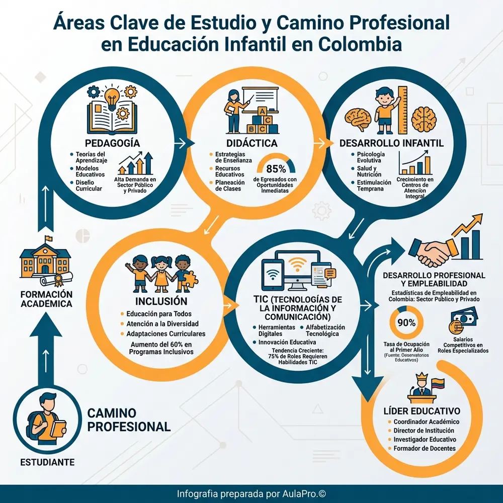Infografía detallada que ilustra las áreas clave de estudio en Educación para la infancia en colombia, incluyendo pedagogía, didáctica y desarrollo infantil, además de mostrar el camino profesional y estadísticas de empleabilidad con iconos modernos.