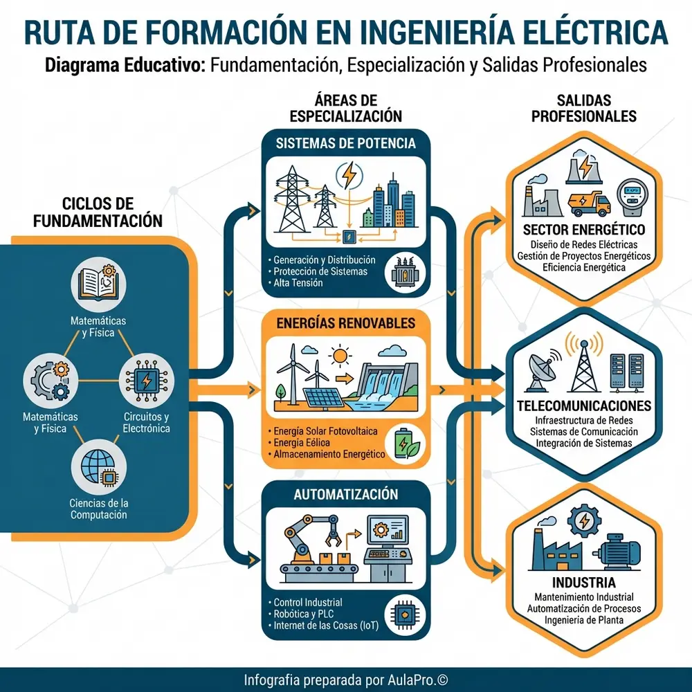 Dónde estudiar Ingeniería Eléctrica en colombia (2026): mejores universidades, precios y duración Infografía detallada sobre la ruta de formación en Ingeniería Eléctrica en Colombia, abarcando ciclos de fundamentación, especializaciones como sistemas de potencia, energías renovables, automatización y las diversas salidas profesionales.