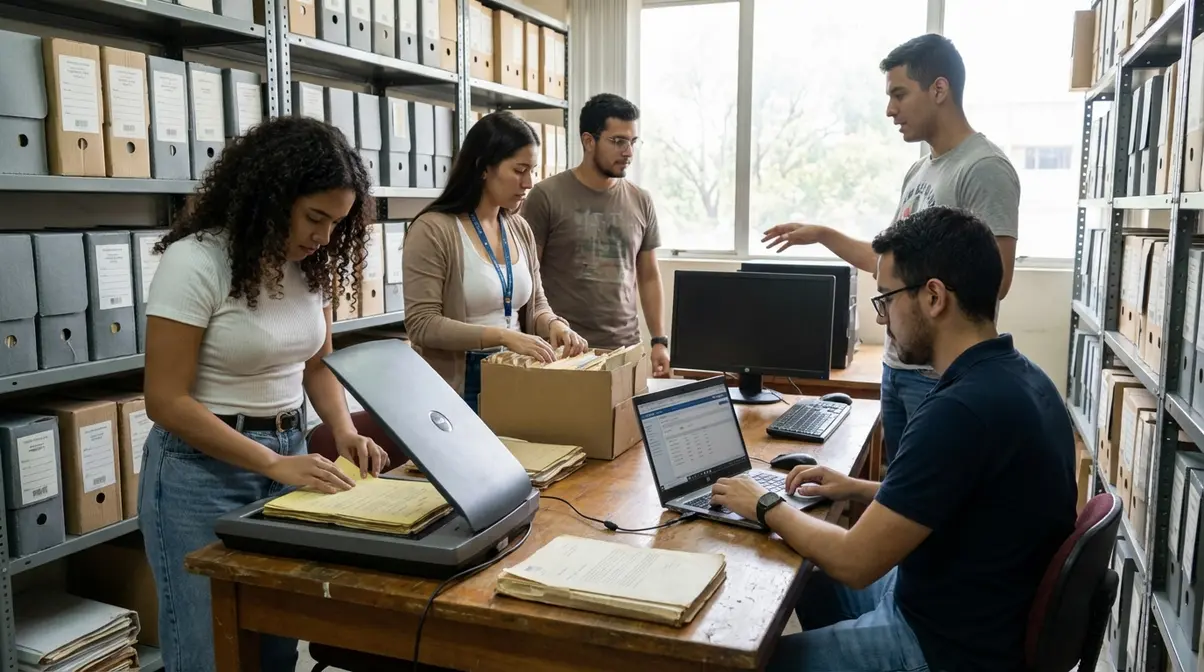 Dónde estudiar Bibliotecología o Archivística en colombia (2026): mejores universidades, precios y duración Fotografía realista de un grupo diverso de estudiantes universitarios colombianos trabajando en equipo dentro de una moderna sala de archivos. Uno digitaliza documentos antiguos, mientras otro colabora en la catalogación de información en una computadora, rodeados de estanterías y equipo tecnológico, reflejando concentración y eficiencia en la gestión documental.