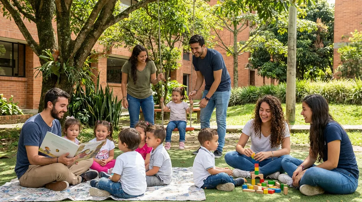 Fotografía de estudiantes universitarios colombianos de Educación para la infancia en Colombia interactuando con niños en un jardín infantil al aire libre, disfrutando de actividades lúdicas y educativas, mostrando un ambiente de aprendizaje alegre y soleado en el campus.