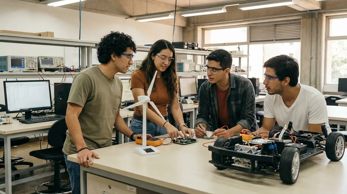 Dónde estudiar Ingeniería Eléctrica en colombia (2026): mejores universidades, precios y duración Estudiantes de Ingeniería Eléctrica en Colombia colaborando en un laboratorio, examinando turbinas eólicas en miniatura y prototipos de vehículos eléctricos con equipo de última generación, destacando la práctica para el futuro energético del país.