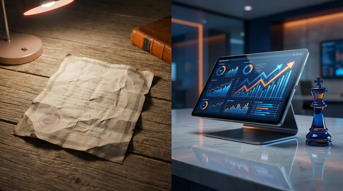 Comparativa visual entre un certificado de papel genérico arrugado que representa la teoría y un reporte de negocio digital brillante que ilustra el valor real y la estrategia.
