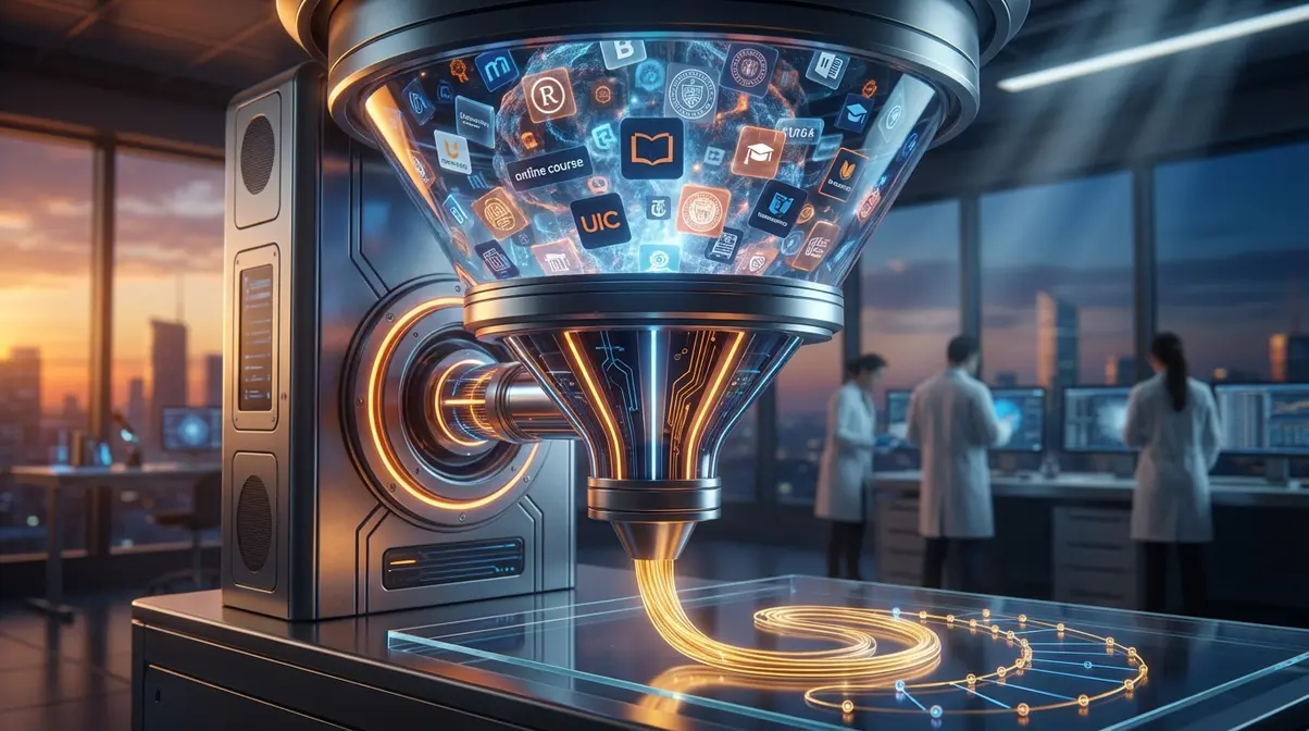 Ingeniería de Carrera 2026: Guía Definitiva para Diseñar tu Éxito Profesional Embudo inteligente que filtra el caos de cursos online para producir una ruta de aprendizaje clara y estructurada, representando el sistema Expert Path AI.