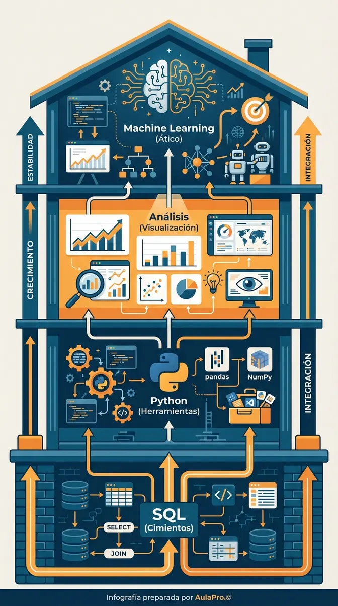 Infografía del Roadmap Ciencia de Datos estructurado como un edificio con bases en SQL, herramientas en Python, análisis y machine learning.