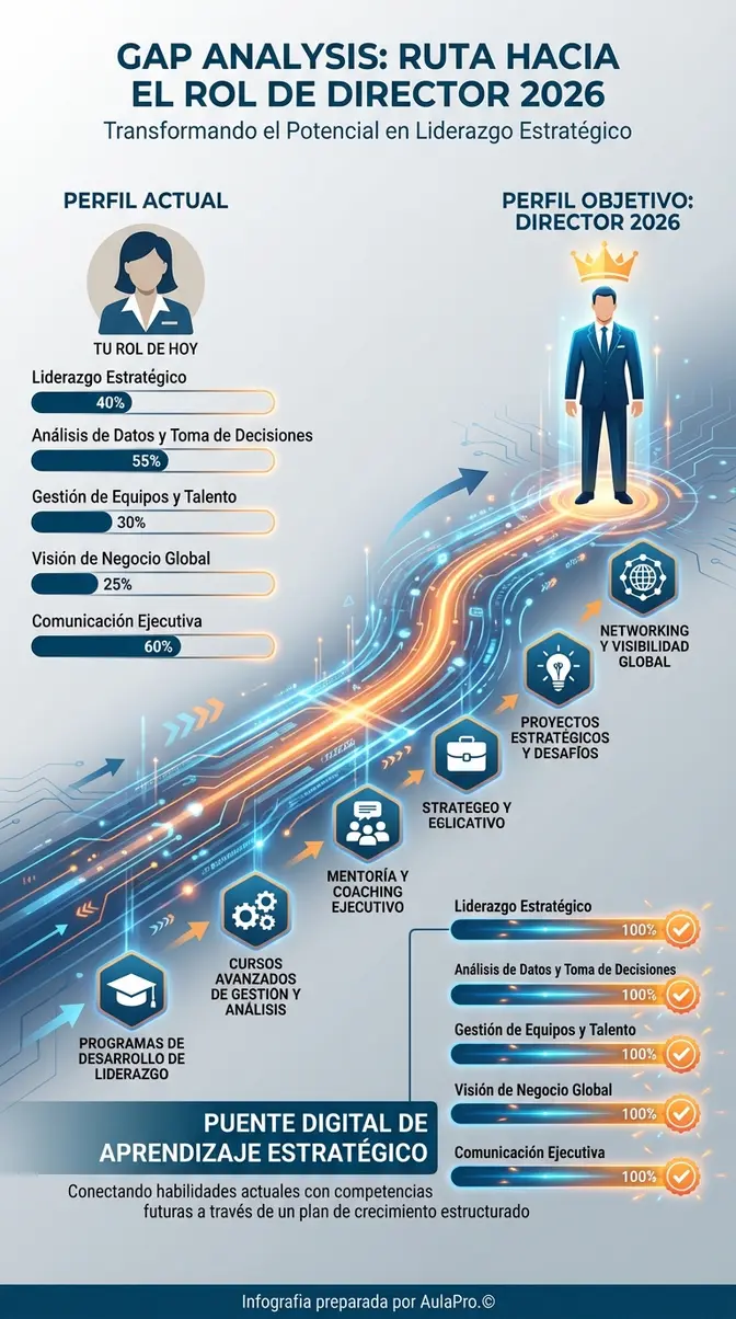 Ingeniería de Carrera 2026: Guía Definitiva para Diseñar tu Éxito Profesional Infografía que explica la Ingeniería de Carrera a través de un análisis de brecha de habilidades, mostrando la ruta de un perfil actual a un perfil directivo.