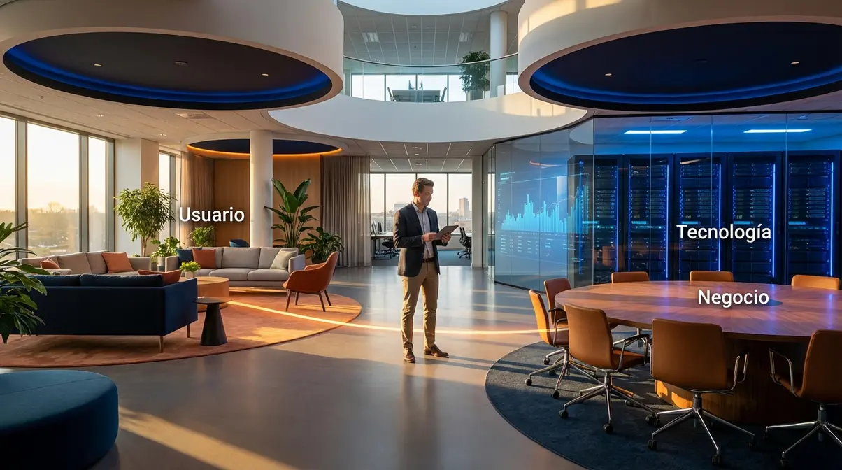 Ilustración flat design de un Product Manager ubicado en la intersección de negocio, tecnología y usuario, con los datos y la empatía como nexos principales