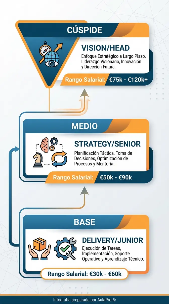 Infografía detallada del Product Manager Roadmap que muestra la evolución salarial y estratégica desde un rol junior hasta el liderazgo de producto