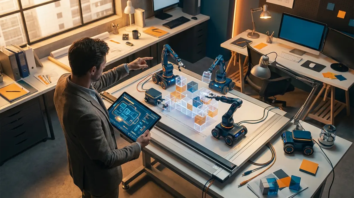 Ilustración isométrica de un diseñador dirigiendo bots de inteligencia artificial mientras sostiene un plano para construir bloques de interfaz