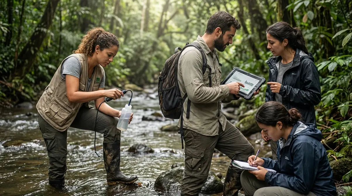 Dónde estudiar Administración Ambiental en colombia (2026): mejores universidades, precios y duración Estudiantes de Administración Ambiental en Colombia trabajando en un proyecto de campo