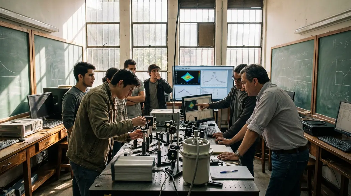 Estudiantes de Ingeniería Física en un laboratorio en Colombia.