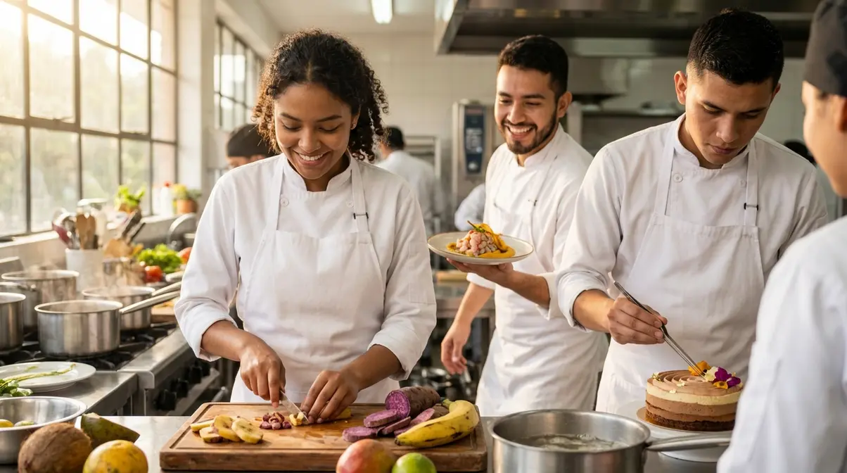 Estudiantes de Gastronomía en Colombia en una clase práctica.