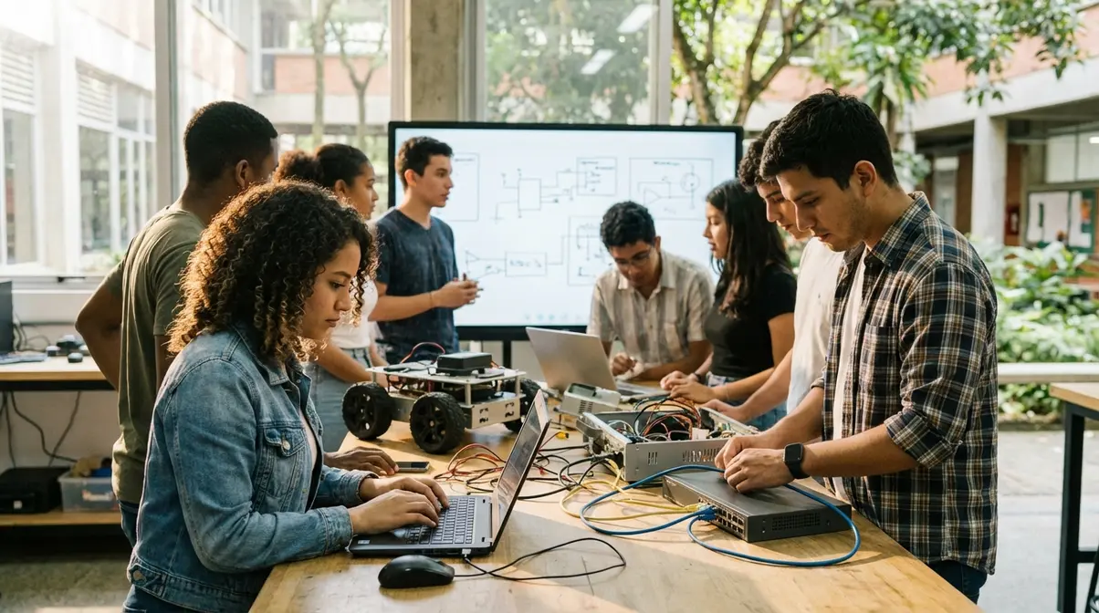 Dónde estudiar Ingeniería de Sistemas en colombia (2026): mejores universidades, precios y duración Estudiantes de Ingeniería de Sistemas en Colombia colaborando en un proyecto.