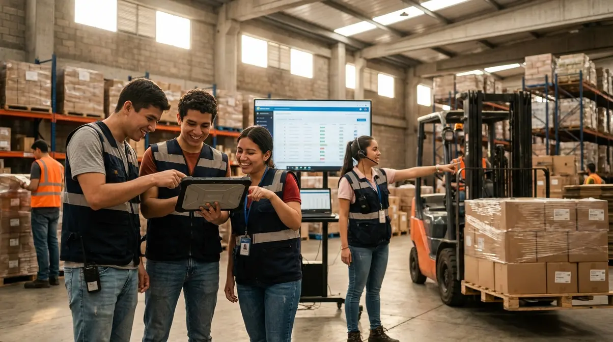 Estudiantes de Logística en Colombia trabajando en un entorno práctico.