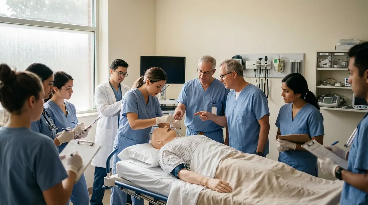 Dónde estudiar Medicina en colombia (2026): mejores universidades, precios y duración Estudiantes de Medicina realizando prácticas clínicas en un centro de simulación moderno.