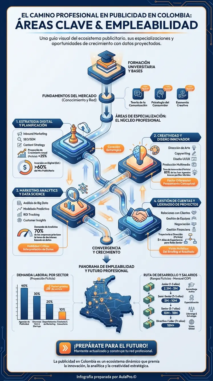 Dónde estudiar Publicidad en colombia (2026): mejores universidades, precios y duración Infografía detallada sobre Publicidad