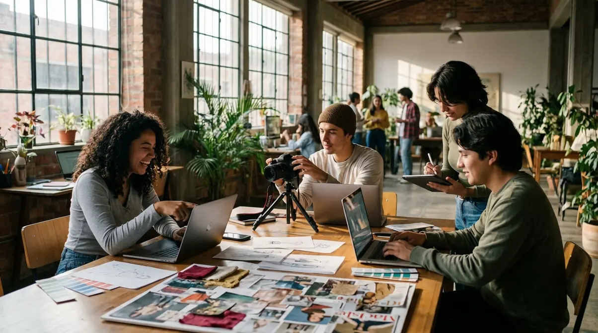 Dónde estudiar Publicidad en colombia (2026): mejores universidades, precios y duración Estudiantes de Publicidad en Colombia colaborando en un proyecto creativo.